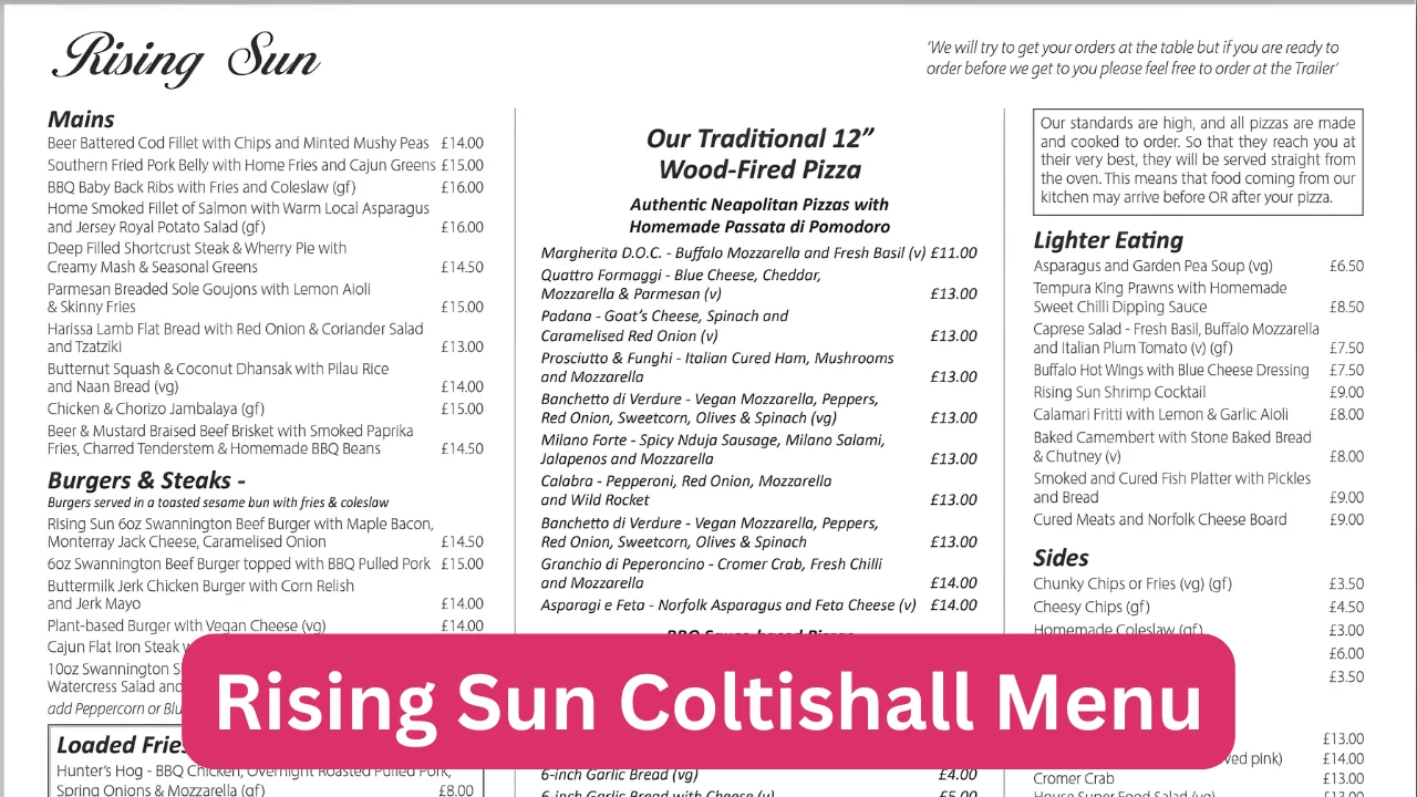 Rising Sun Coltishall Menu